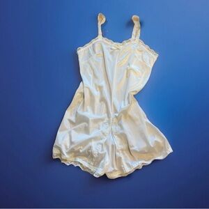 Vintage  Teddy Bodysuit Romper White Silky Nylon Lace Snap Lace Detail